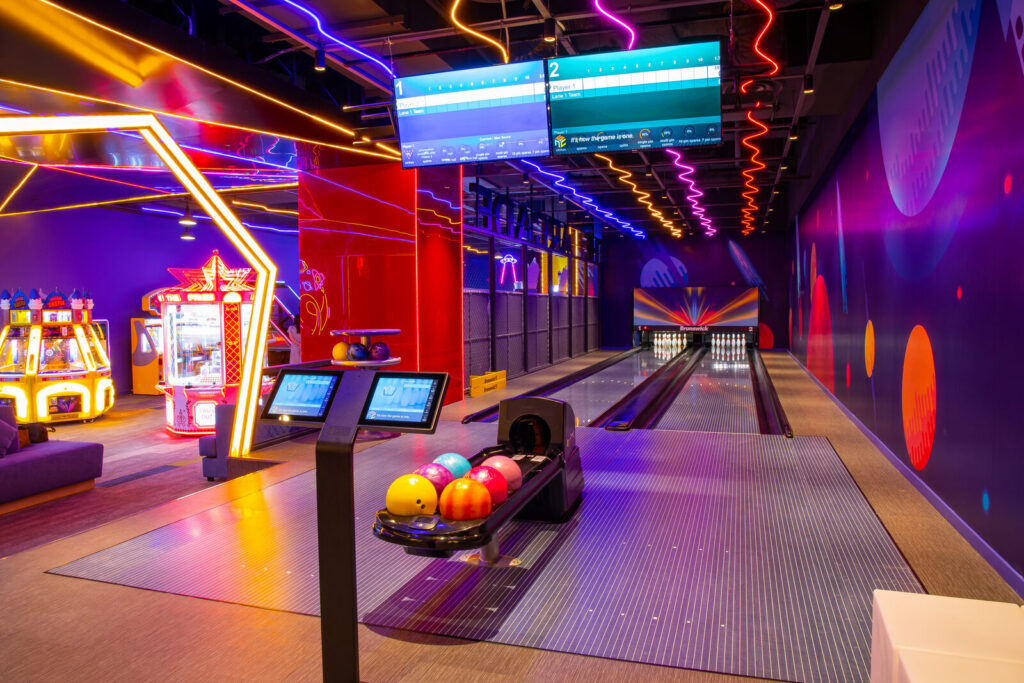 Bowling centre layout showing lane block, concourse and adjoining arcade machines